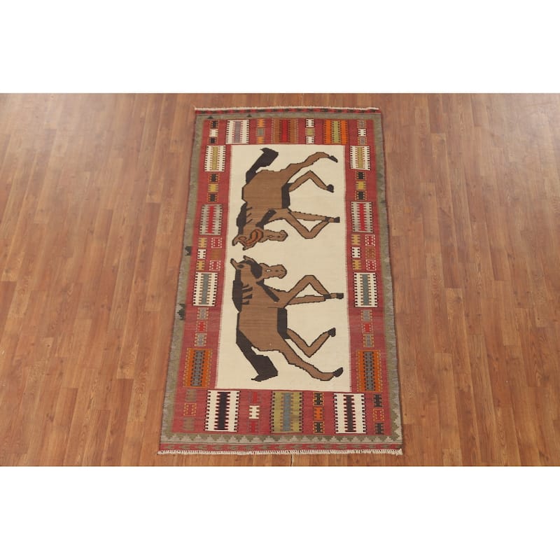 Ivory / Beige Kilim Qashqai Persian Vintage Rug Flatweave Wool Carpet - 3'7" x 6'6"