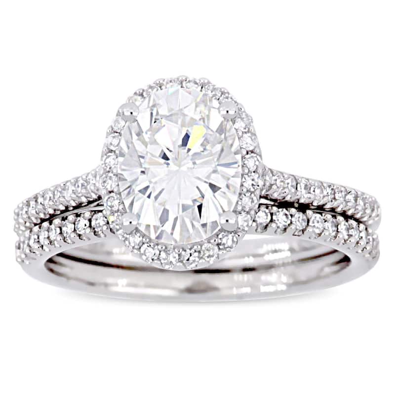 Oval 2ct TGW Moissanite and 1/3ct TDW Diamond Bridal Set in 14k White Gold by Miadora