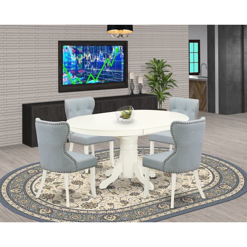 East West Furniture Kitchen Set- an Oval Dining Table and 4 Baby Blue Linen Fabric Parson Chairs, Linen White(Pieces Options)