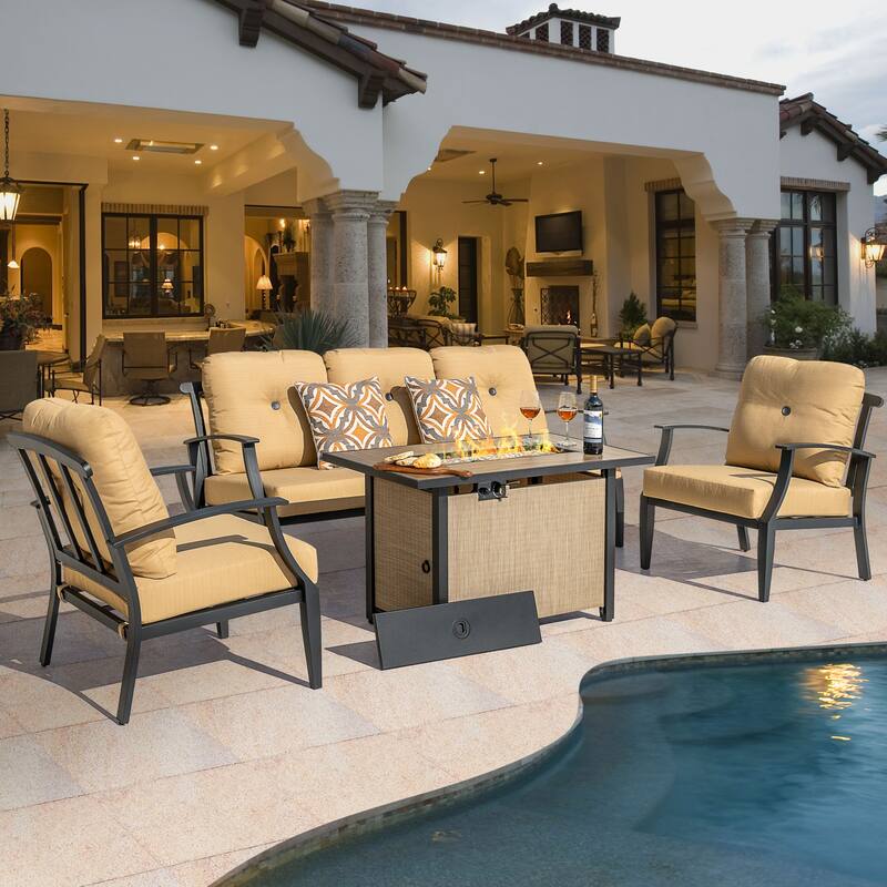 Outdoor 50,000 BTU Textilene Propane Fire Pit Set with Aluminum Sofas