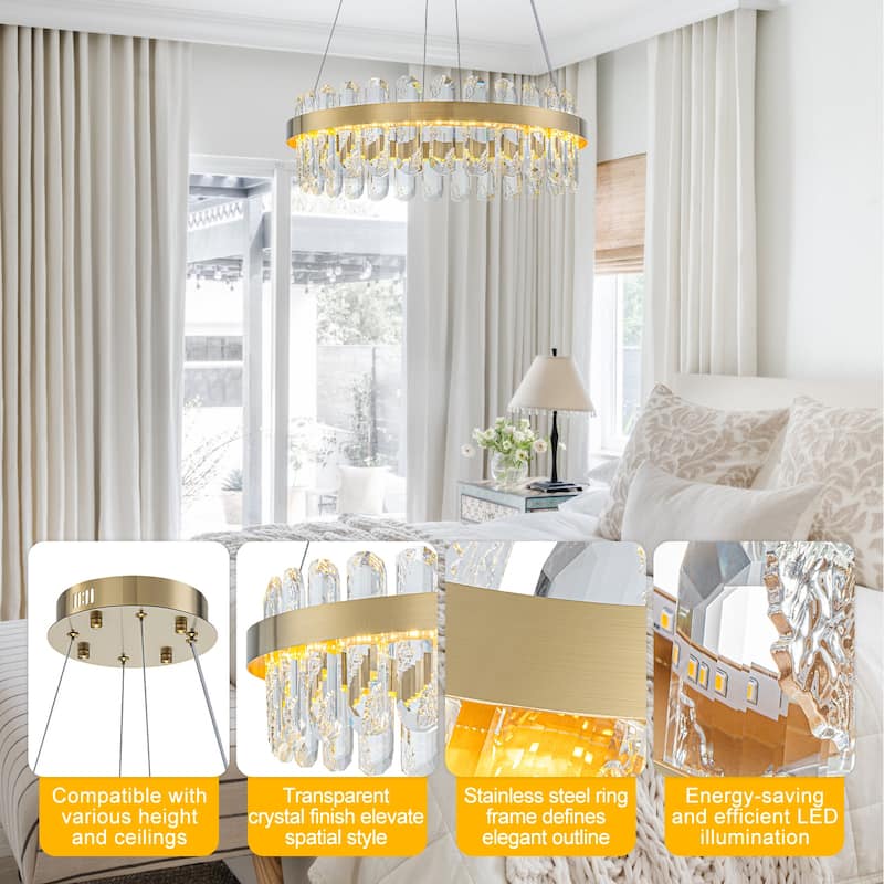 Modern Gold LED Chandelier with Clear Linear Crystals Dimmable - Dia.19.57-in