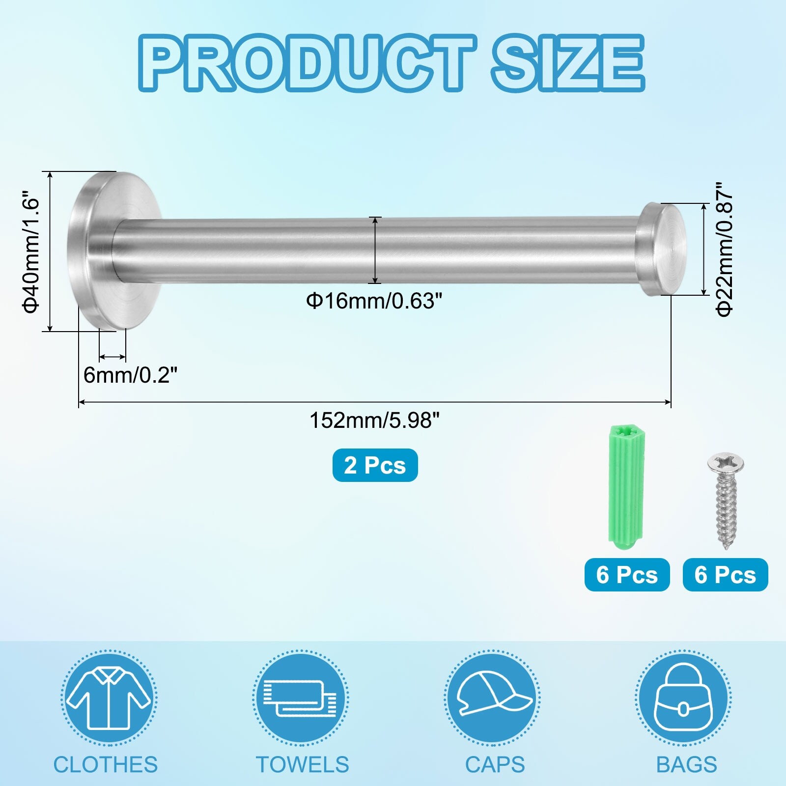 2Pcs Stainless Steel Bathroom Towel Hooks, 2x0.5" Clothes Hooks, Silver