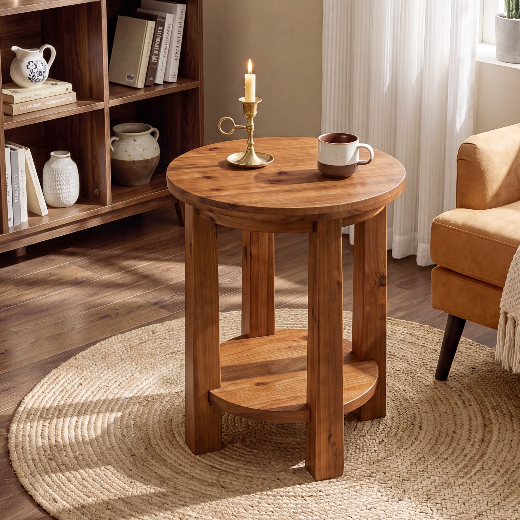 Solid Wood Round Side Table Rustic End Table Farmhouse 2-Tier Accent Nightstand with Storage Shelf - 19.68"D x 19.68"W x 24"H