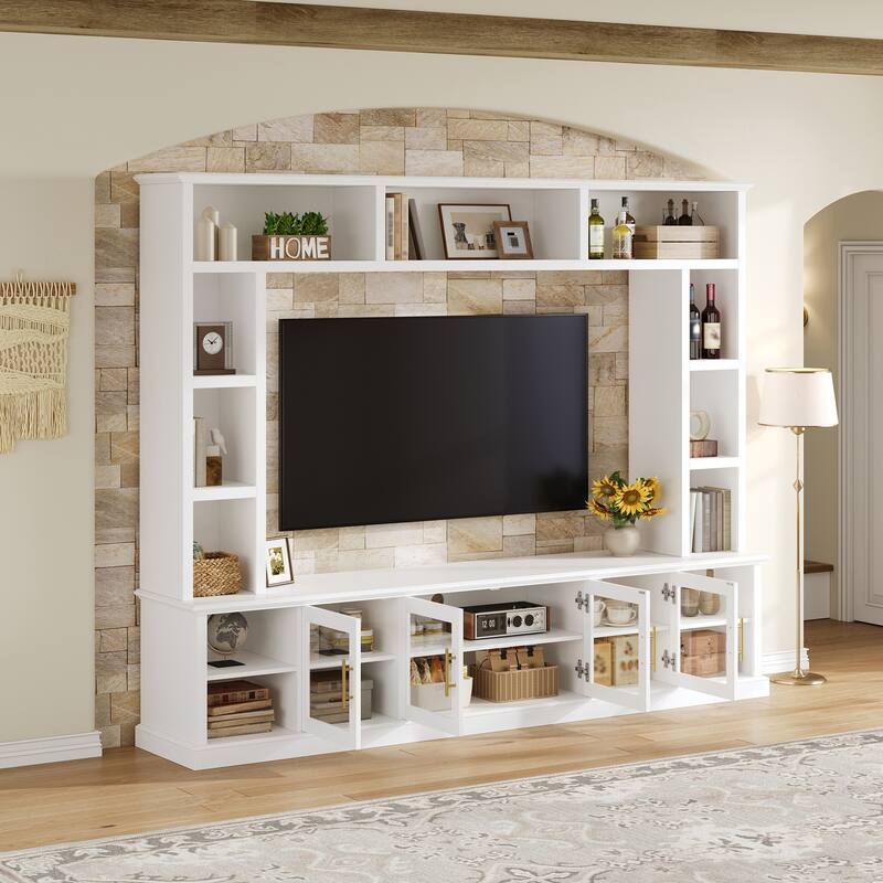 Entertainment Center Wall Unit for up to 80" TV, TV Stand with Bookshelves & Tempered Glass Doors