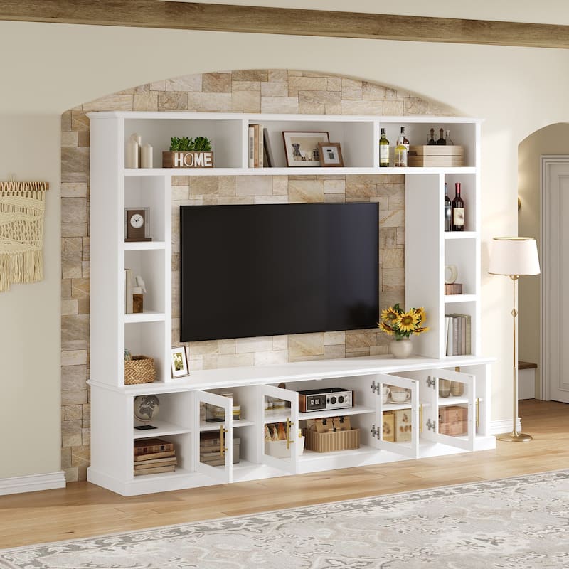 Wall Unit Entertainment Center for TVs up to 80", All-in-One TV Stand with Bookshelves, Glass Doors, Media Console with Shelving