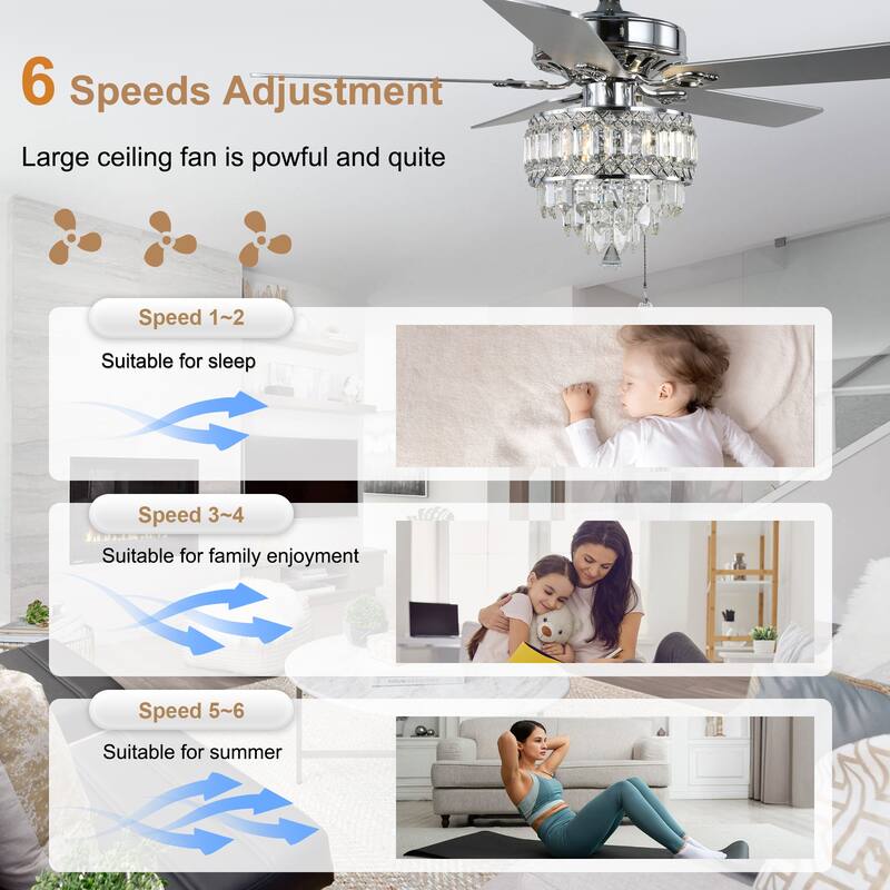 Bella Depot 52" Modern Crystal Ceiling Fan with Remote and Light Kit ,3-speed Reversible Blades