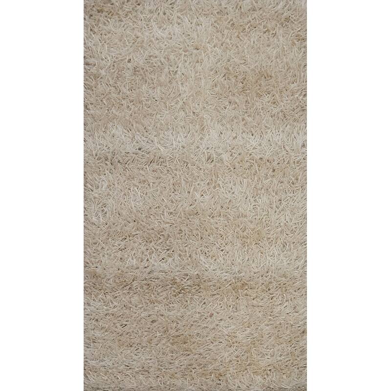 Hand Knotted Oriental Polyester Carpet Modern Solid Beige & Ivories Shaggy Area Rug - 3' 6'' X 1' 10''
