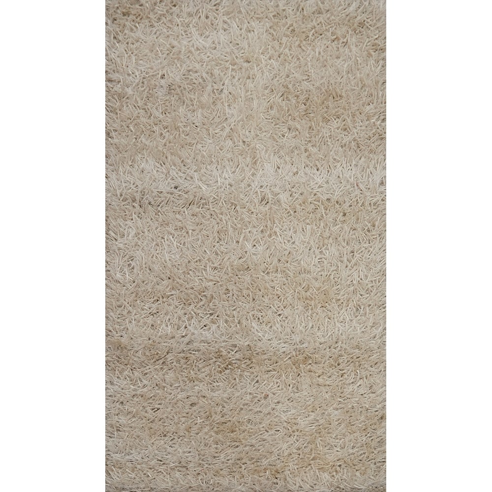 Hand Knotted Oriental Polyester Carpet Modern Solid Beige & Ivories Shaggy Area Rug - 3' 6'' X 1' 10''