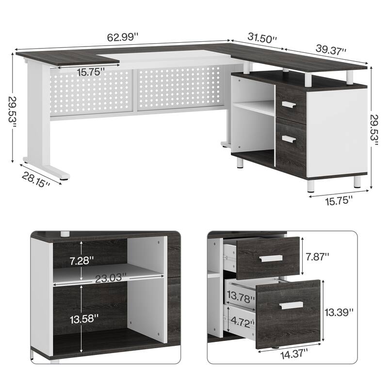 63'' Executive Desk with File Cabinet, L-Shaped Computer Desk Business Furniture Set Home Office Workstation