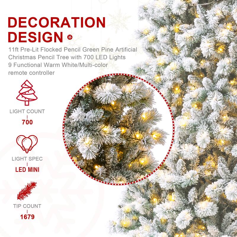 Glitzhome 7.5ft/9ft/11ft Pre-Lit Flocked Multi-color Artificial Christmas Tree with Remote Controller