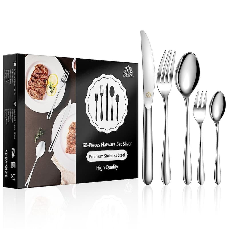 vancasso 18/10 Stainless Steel Silverware Set, Flatware Service for 6 or 12 - 60-Piece - Silver
