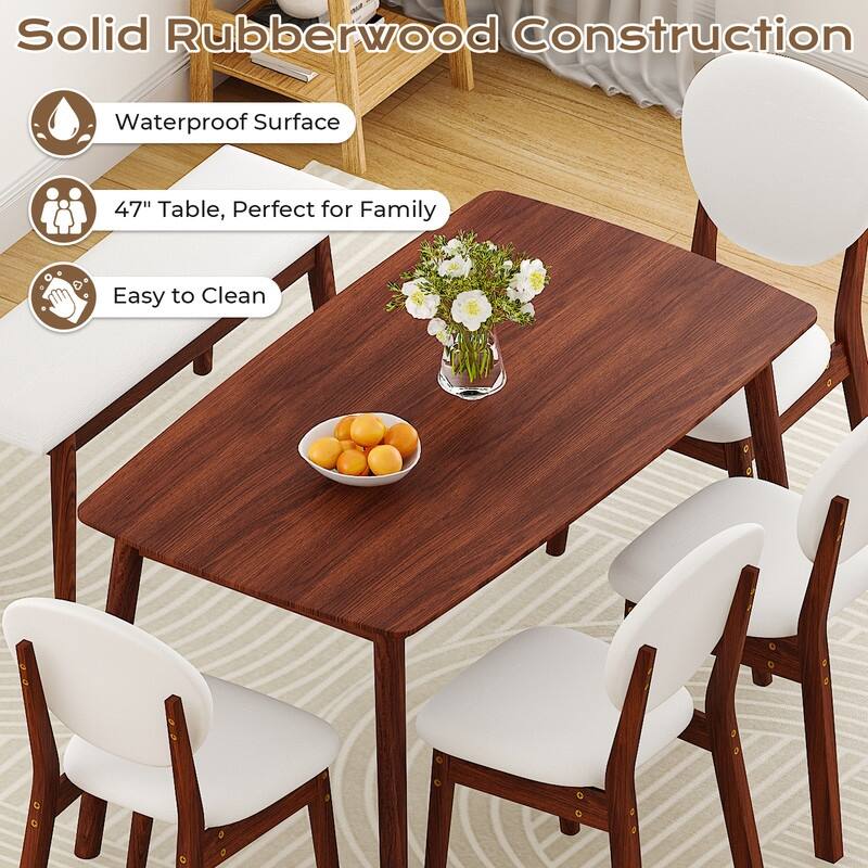 47''Dining Table Set For 6, Solid Wood Kitchen Table With Bench And 4 Chairs With upholstered Backrest