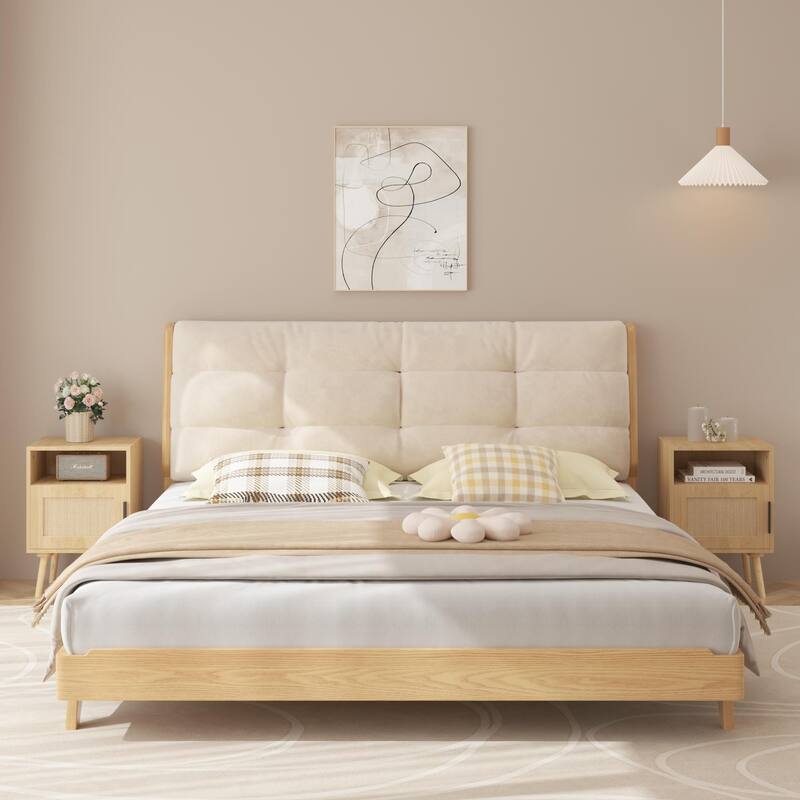 Rattan Nightstand, Side Table With Door Open Shelf, Accent Bedside End Table With Solid Wood Legs
