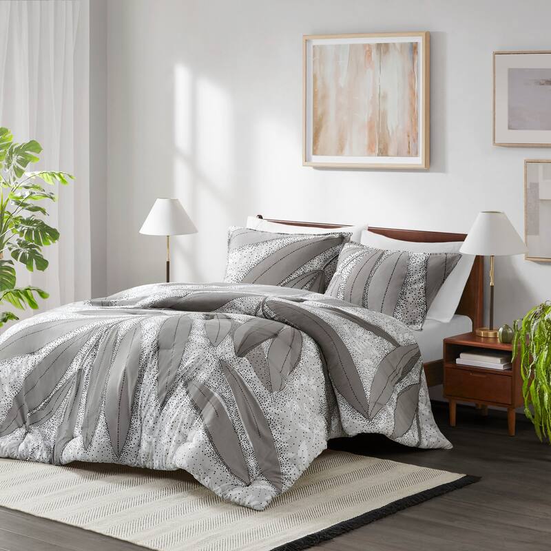 3 PCS Full/Queen Botanical Cotton Comforter Set Gray - Gray