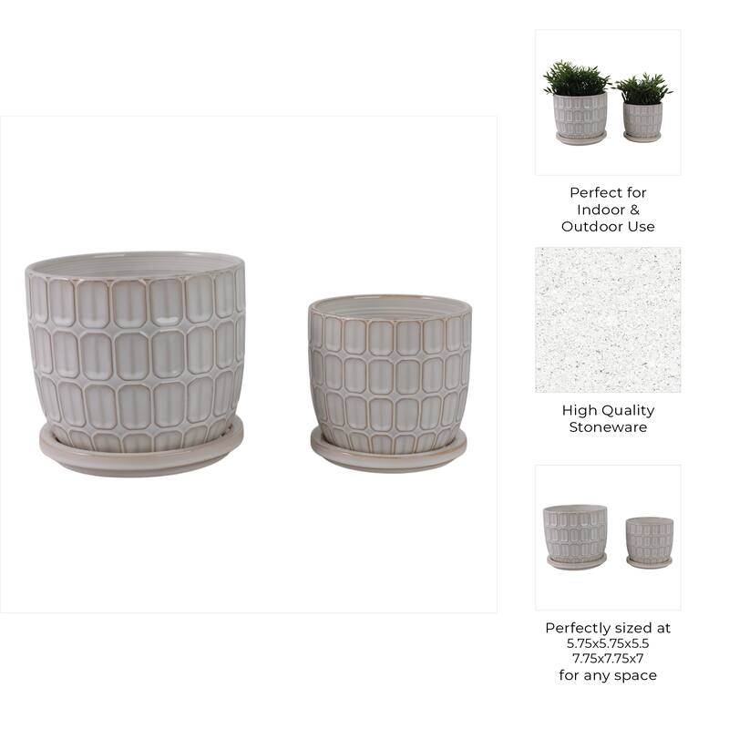 Stoneware Saucer Planters with Embossed Geometric Texture (Set of 2)