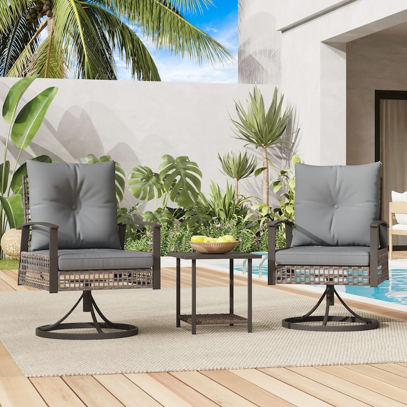Outdoor Swivel Rocker Patio Chairs Set of 2 with Coffee Table &Cushions, Rattan Bistro Set for Porch, Backyard, Balcony - Metal Arm - Grey