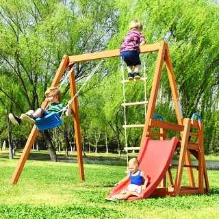 Wooden Swing Set with Slide, Backyard Activity Swing Outdoor for