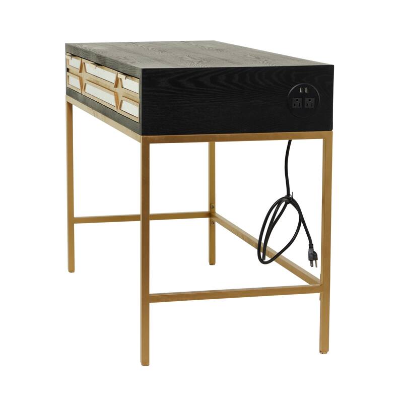 Black Wooden 3 Drawers Desk with Mirrored Front and Outlet