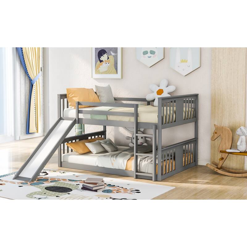 Full Over Full Bunk Bed with Ladder and Slide in Gray - Space Saving Twin Bunk Bed with Sturdy Pine Frame