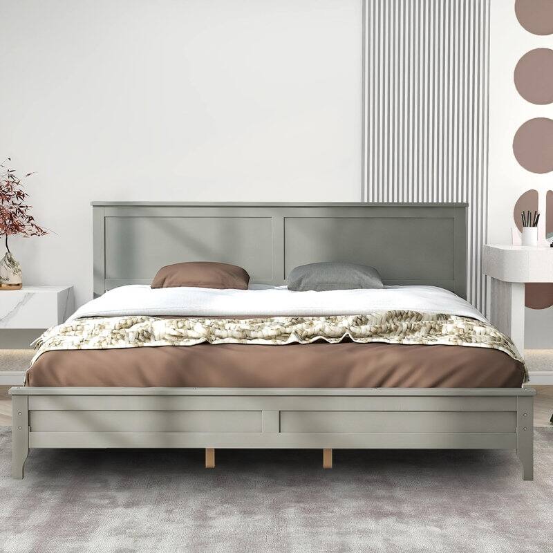 Modern Style, Solid Wood Bed Frame with MDF Headboard and Footboard
