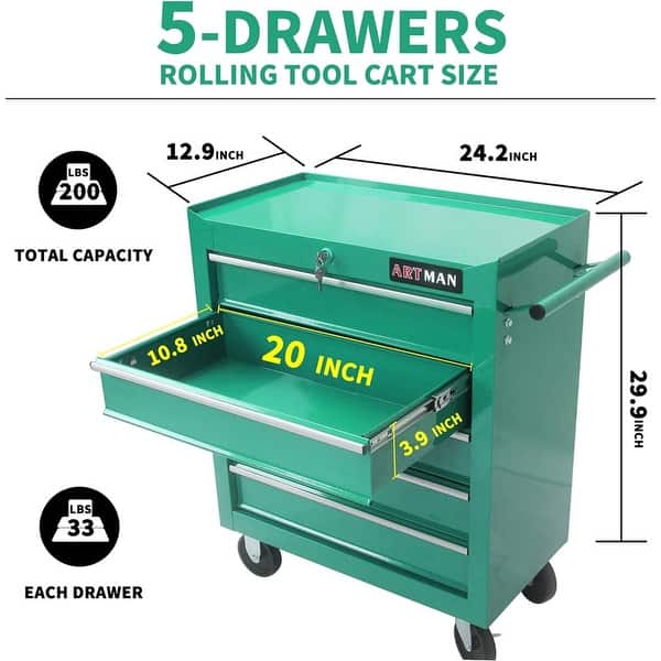 dimension image slide 4 of 6, 5-Drawer Rolling Tool Cart with Wheels Garage Storage Tool Chest