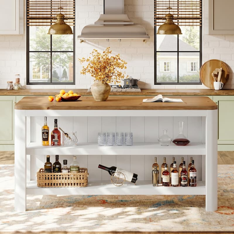 63 Inch Solid Wood Kitchen Island Table with Storage Shelves