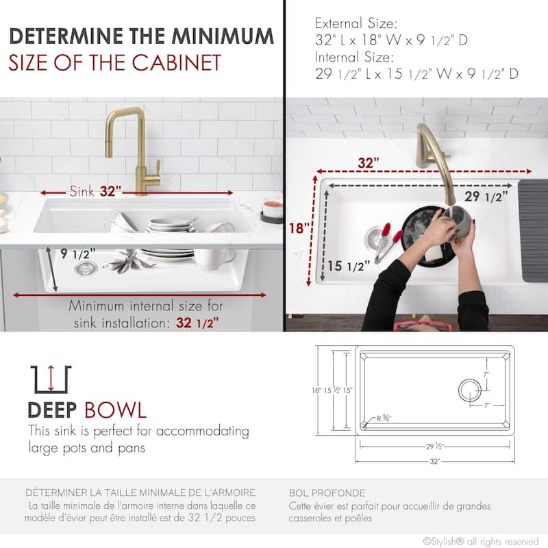 STYLISH Dual Mount 32" Single-Bowl Composite Granite Kitchen Sink - 32" x 18" x 9.5"
