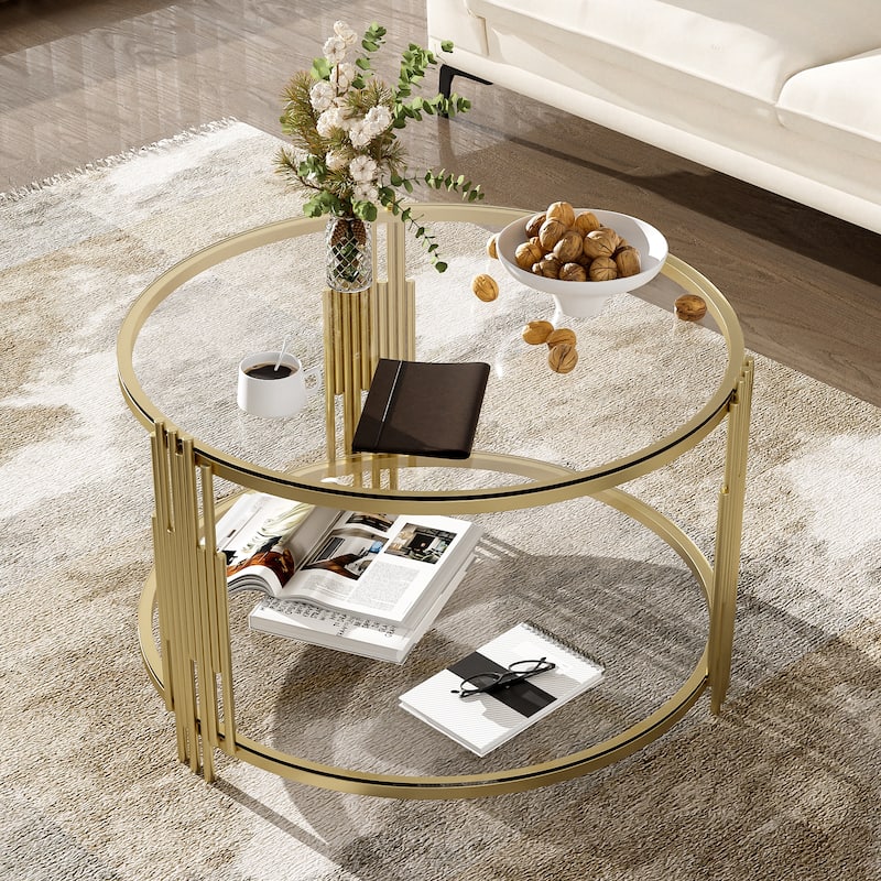 31.5" Glass Coffee Table with Asymmetrical Metal Base