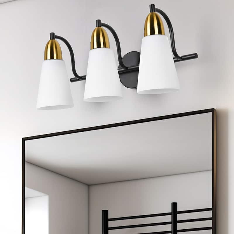 Modern Black Bathroom Vanity Light with Frosted Glass Shades & Gold Accent, Minimalist Wall Sconces
