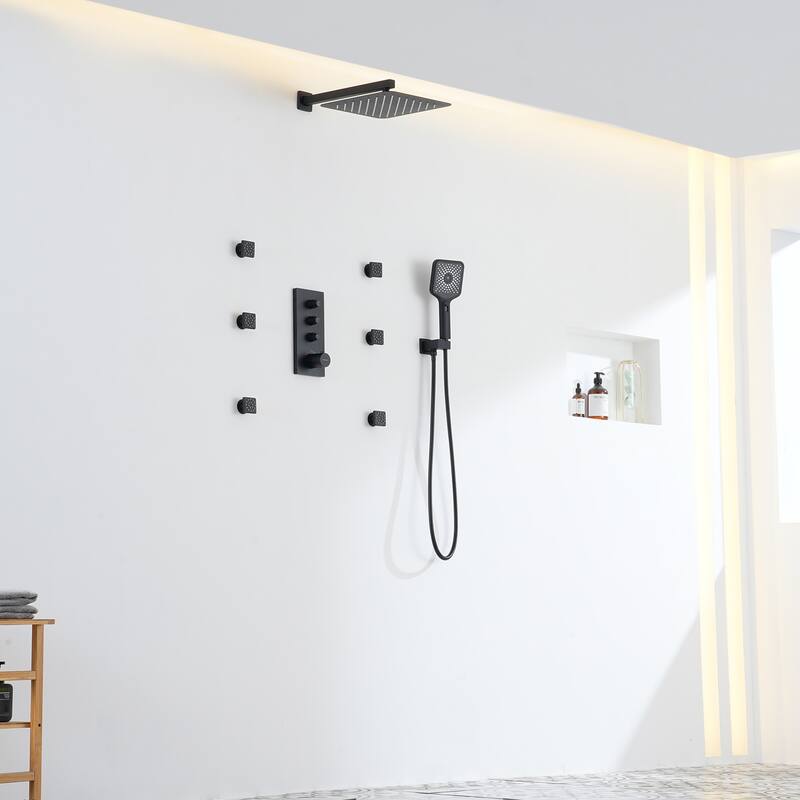 3 Functions 12 Inch Wall Mount Thermostatic Shower System in Matte Black