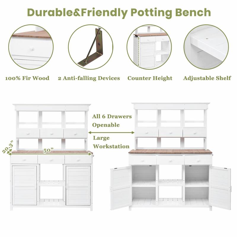65.7'' Tall Garden Potting Bench - Patio Workstation with Hutch, 3 Shelves, 6 Drawers, 2 Cabinets & Side Hooks