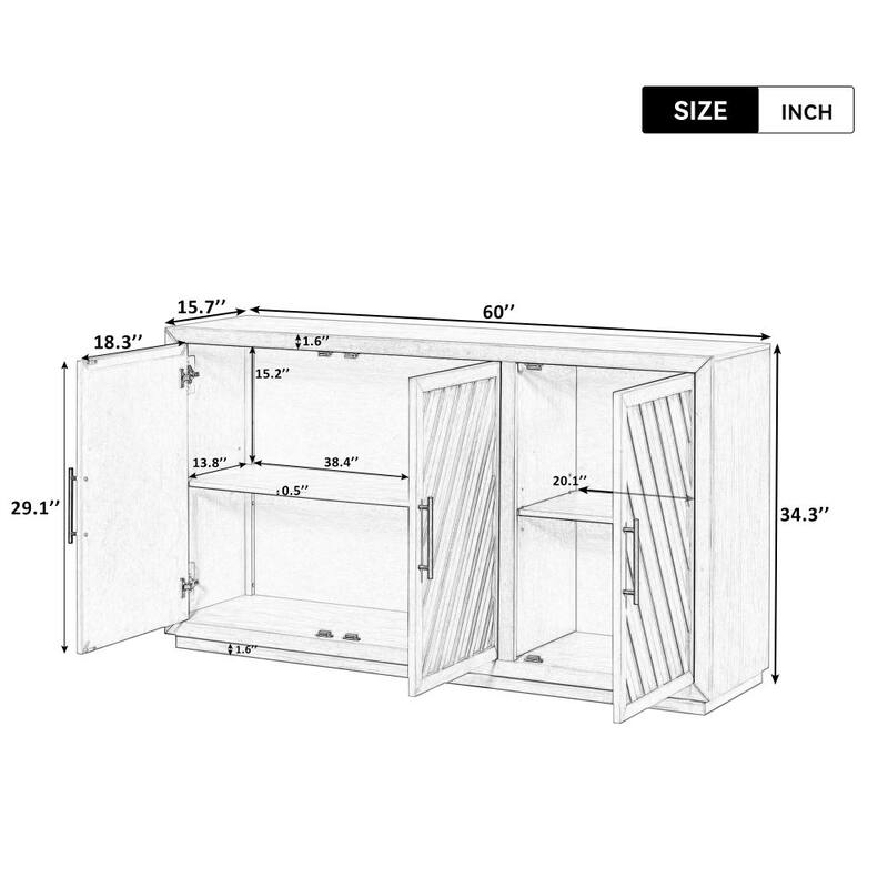 3-Door Large Storage Retro Sideboard with Adjustable Shelves and Black Handles