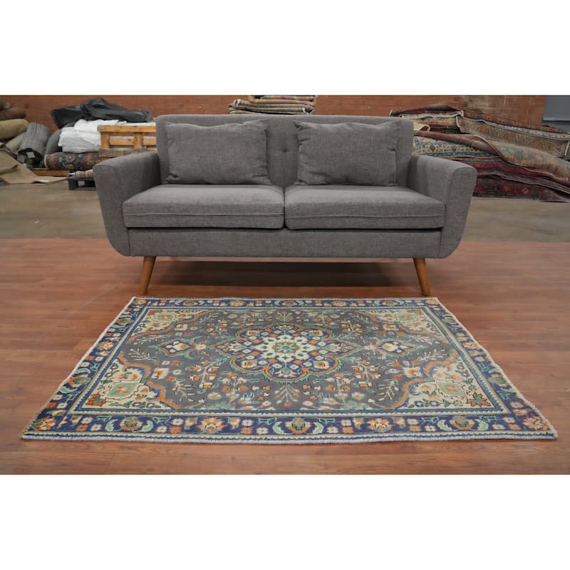 Hand Knotted Oriental 100% Wool Carpet Traditional Floral Greys & Charcoal Tabriz Area Rug - 4' 7'' X 3' 1''