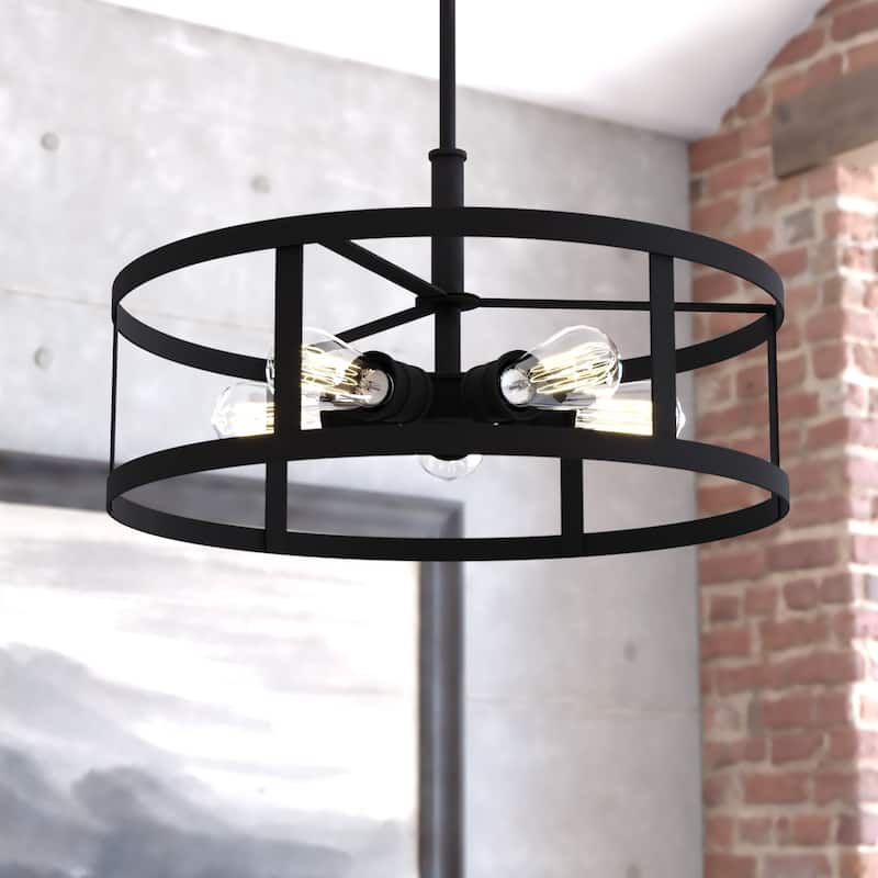 Akron 5L Oil Rubbed Bronze Drum Cage Farmhouse Pendant Light - 20-in W x 16.75-in H x 20-in D - Oil Rubbed Bronze - 20-in W x 16.75-in H x 20-in D