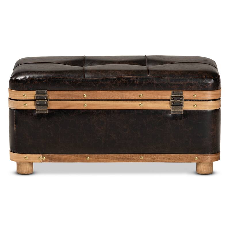 Gendry Modern Rustic Faux Leather and Wood Storage Ottoman Large