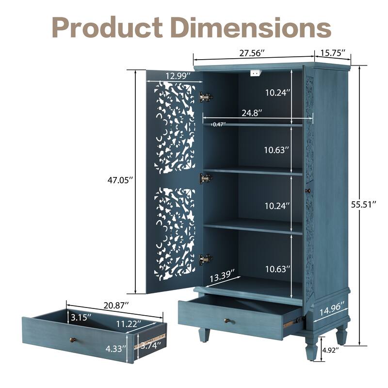 Roomfitters 55'' Tall Storage Cabinet, Carved Wood Accent Sideboard with Solid Wood Legs for Dining Room