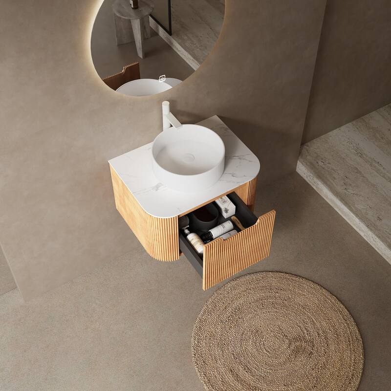 Plywood Wall-Mounted Bathroom Vanity Set with Integrated Ceramic Sink in Natural Wood