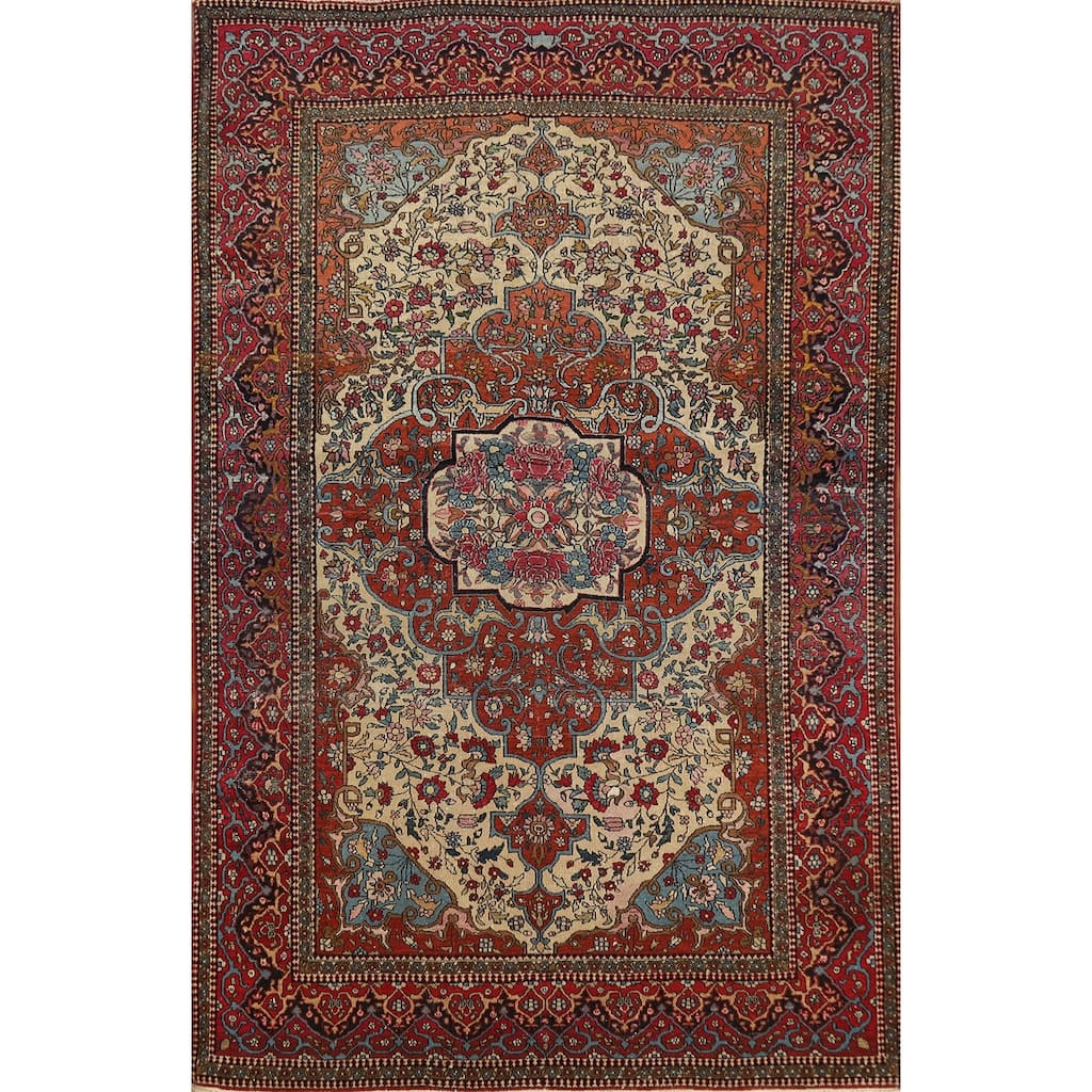 Hand Knotted Oriental 100% Wool Carpet Traditional Floral Beige & Ivories Isfahan Area Rug - 6' 7'' X 4' 4''