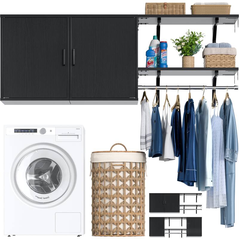 65''W Reversible Laundry Storage Cabinet with Doors and Storage Shelves and Shelf Towers - 65''W(2 Doors) - Black
