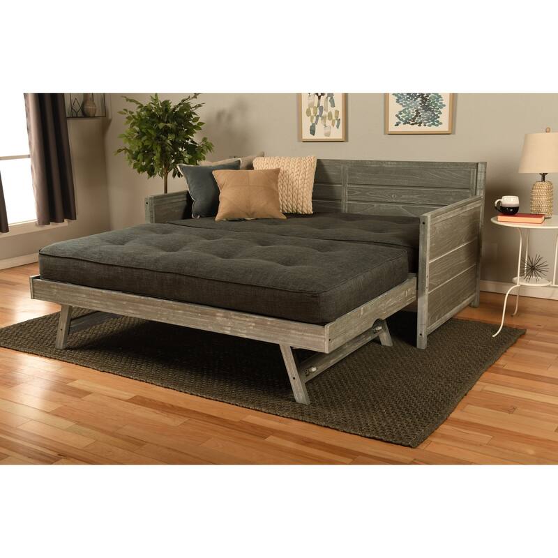 Somette Marisa Daybed with Pop Up Trundle in Weathered Gray with Mattresses - Linen Charcoal