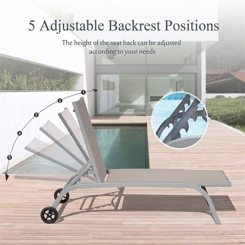 Outdoor Chaise Lounge Set (2 Piece),5 Position Adjustable Pool Chairs with Wheels for Patio, Backyard