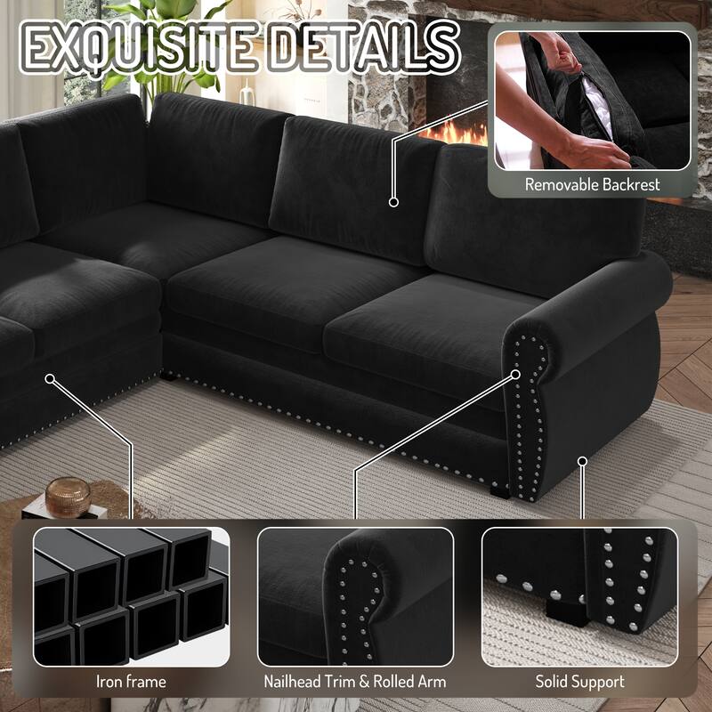 L-Shaped Sectional Sofa with Pull-Out Bed, Oversize Convertible Sleeper Sofa with Rolled Arms, Chenille Upholstery