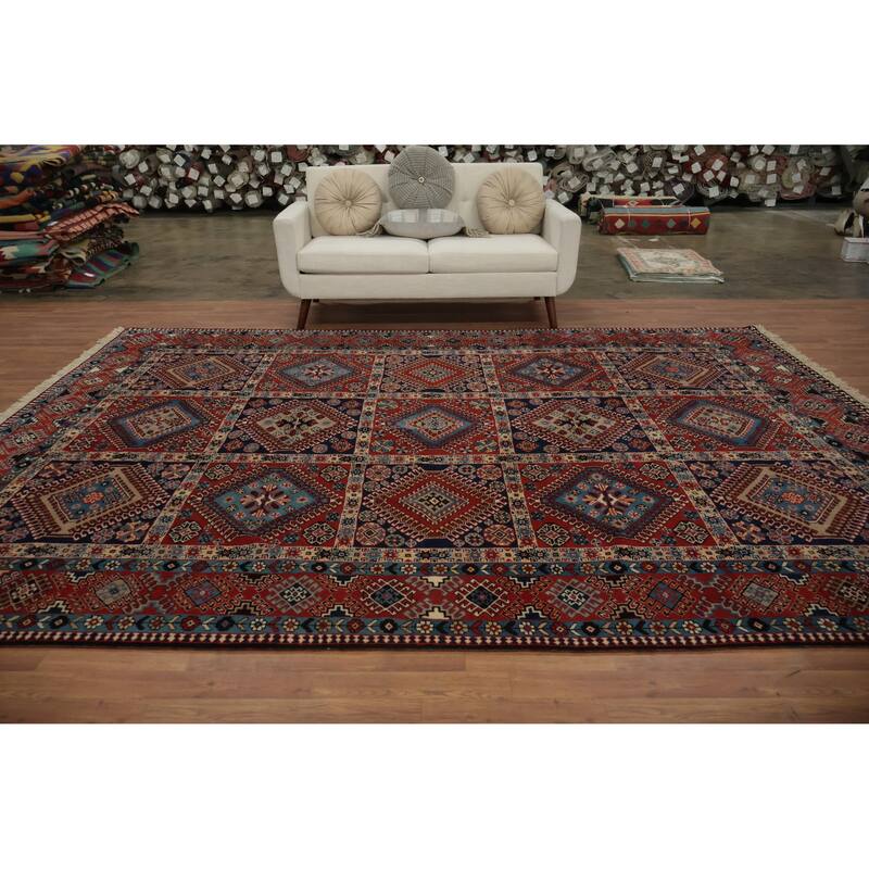 Hand Knotted Oriental 100% Wool Carpet Traditional Geometric Oranges & Rust Yalameh Area Rug - 11' 9'' X 8' 5''