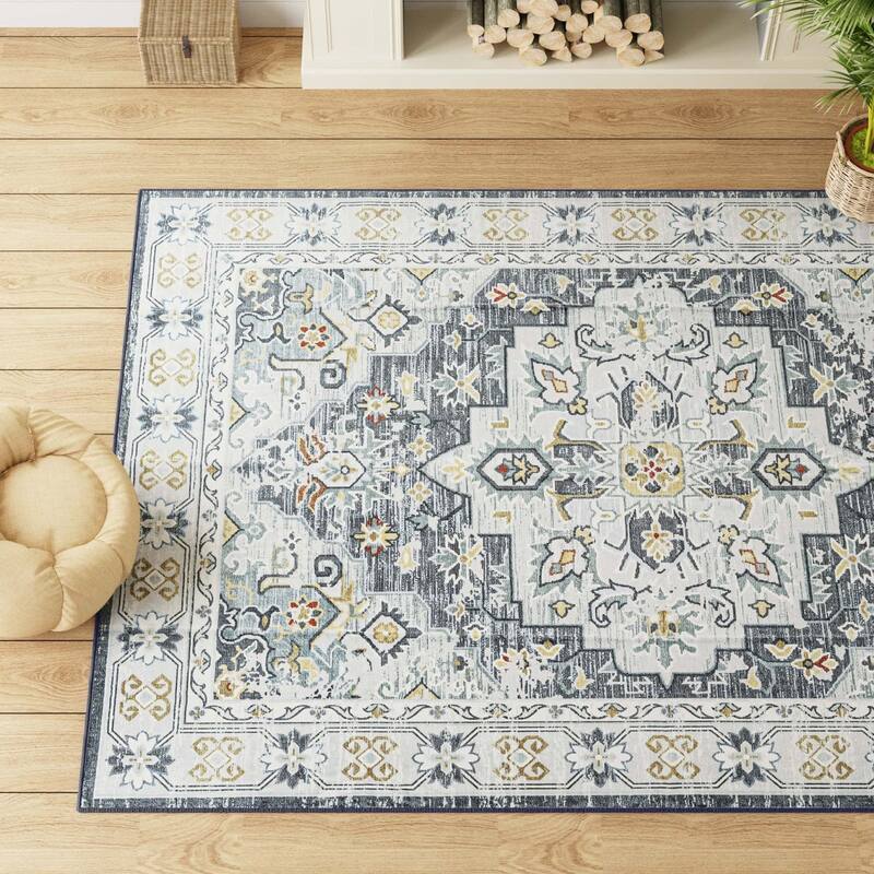Non-Slip Machine Washable Grey Yellow Cream Multicolor Area Rug