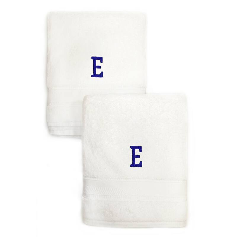 Sweet Kids 2-piece White Turkish Cotton Hand Towels with Royal Blue Monogrammed Initial - White/E