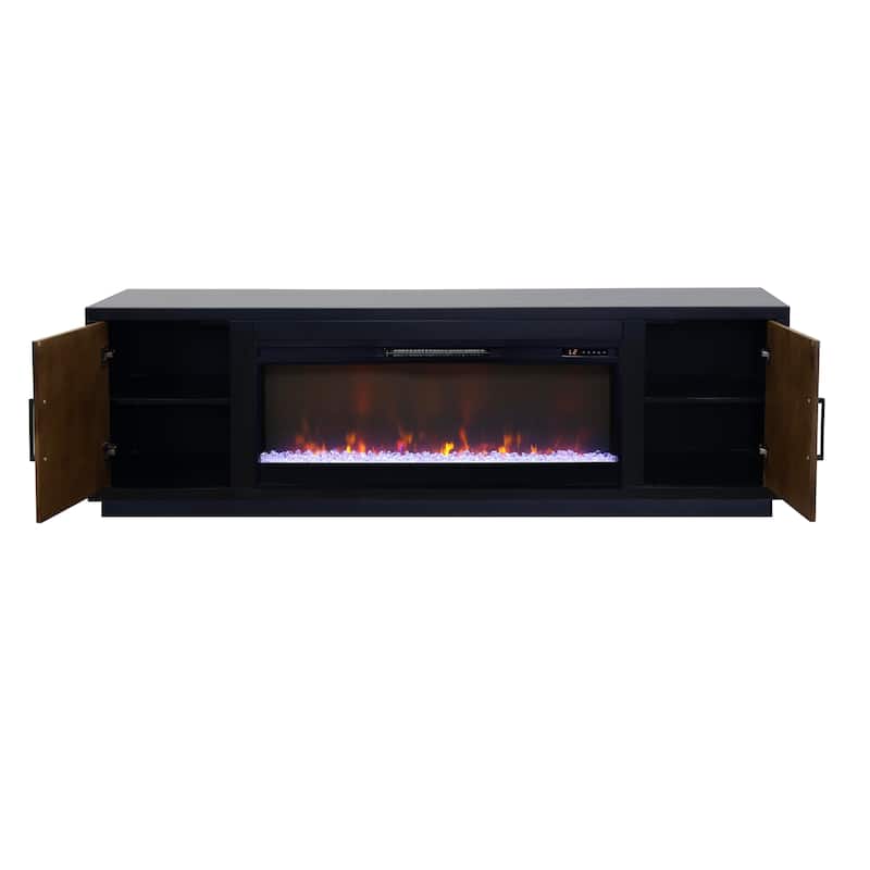 Bridgevine Home Aria 83 inch Fireplace TV Stand for TVs up to 95 inches, Minimal Assembly, Black and Walnut Finish