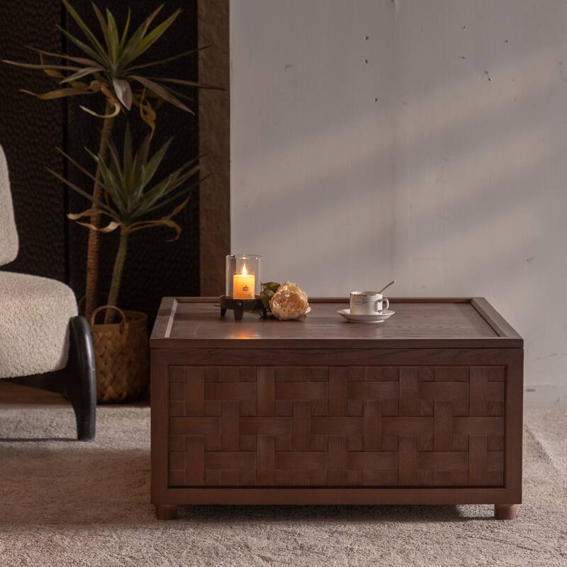 Modern Coffee Table Farmhouse Coffee Table Large Square Coffee Table with Storage, for Living Room, Brown