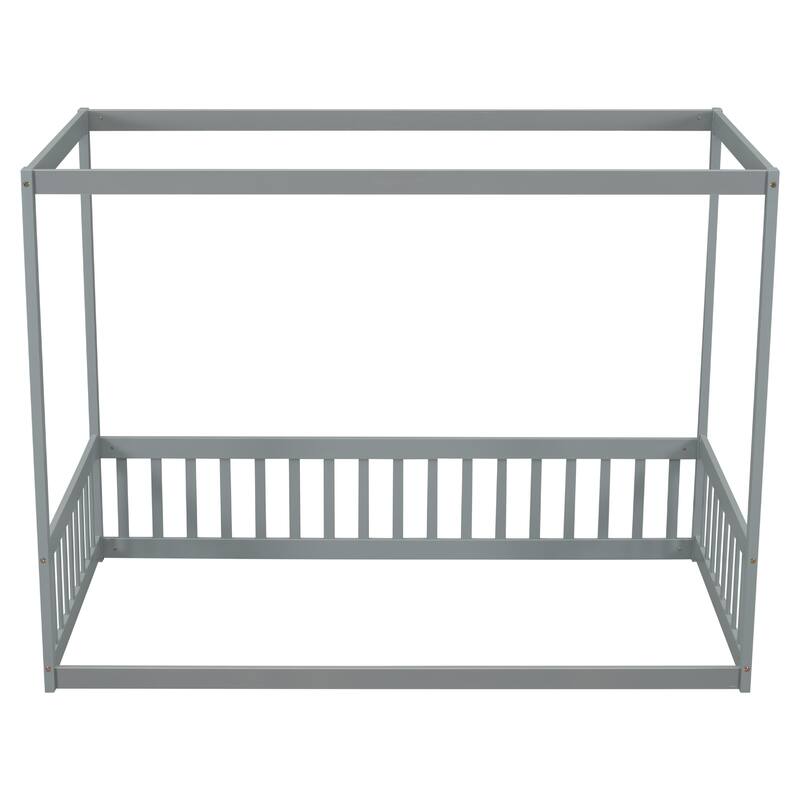 Pine Wood Canopy Frame Floor Bed with Fence and Guardrails for Bedroom