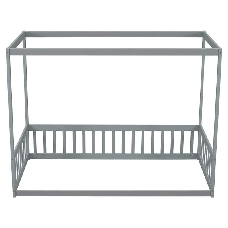 Wood Canopy Frame Floor Bed with Fence,Guardrails