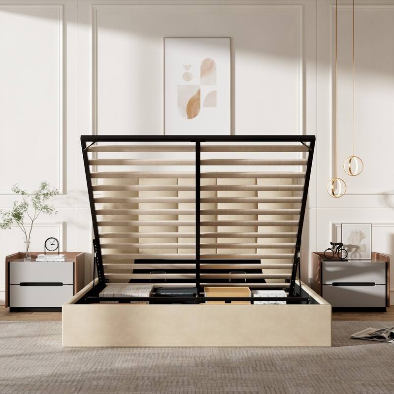 Modern Upholstered Lift-Up Storage Platform Bed with Headboard